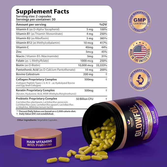 Biotin Collagen Supplement with Probiotics, Colostrum, Hyaluronic Acid and Keratin for Faster Hair Growth | Hair Skin Nails Vitamins For Women and Men | Biotin Hair Growth Supplement | 120 Capsules