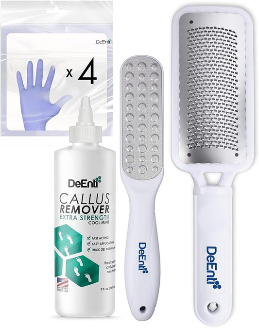DeEnti Callus Maintenance Pack, Bundle Includes Mint Scented Callus Remover, Metal Foot Rasp, Foot File, and 4 Pairs of Gloves, Salon Grade Foot Care, Home Manicure and Pedicure Kit