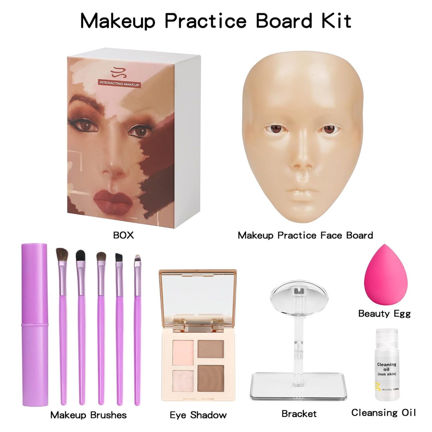 Makeup Practice Face, 5D Reusable Silicone Make up Practice Board Mannequin Face with Makeup Brushes Sponge Set and Eyeshadow Board Kit for Emerging Artist, Girl's Gift, White