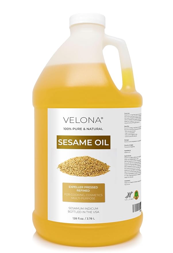Sesame Seed Oil by Velona - 1 Gallon / 128 Fl Oz | 100% Pure and Natural Carrier Oil | Refined, Expeller Pressed | Cooking, Skin, Hair, Body & Face Moisturizing | Use Today - Enjoy Results