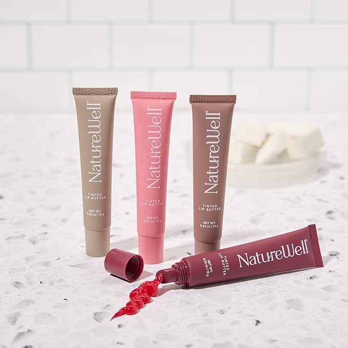 NATURE WELL Tinted Lip Butter Variety Pack, Shear & Subtle Tinted Moisturizing Balms, Vanilla Scented, Lightweight & Non-Greasy, Vitamin E, Shea, & Murumuru Butters, 0.50 Oz Each (Pack of 4)