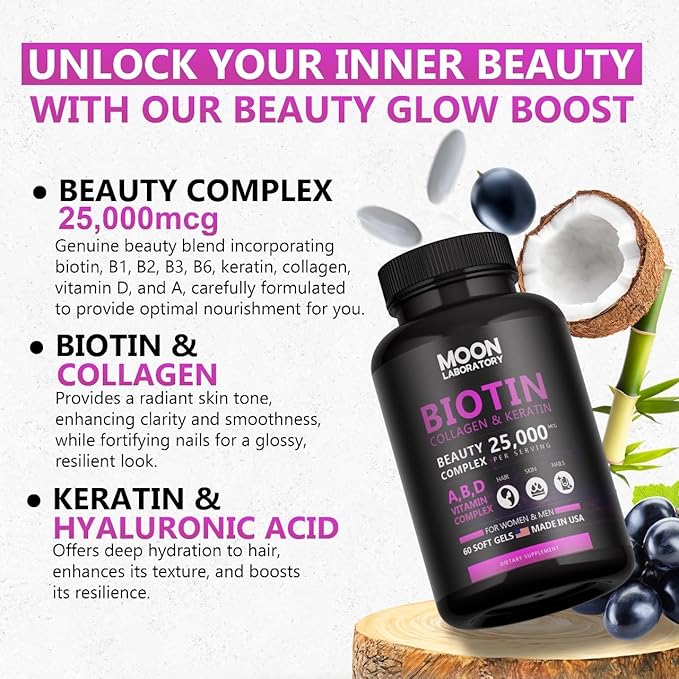 Premium Biotin 5,000 mcg Beauty Complex with Collagen, Keratin, Hyaluronic Acid, Vitamin A, D3, B-Complex, Calcuim & Coconut Oil. Hair Growth, Nails, Skin. For Men & Women. 60 Softgels