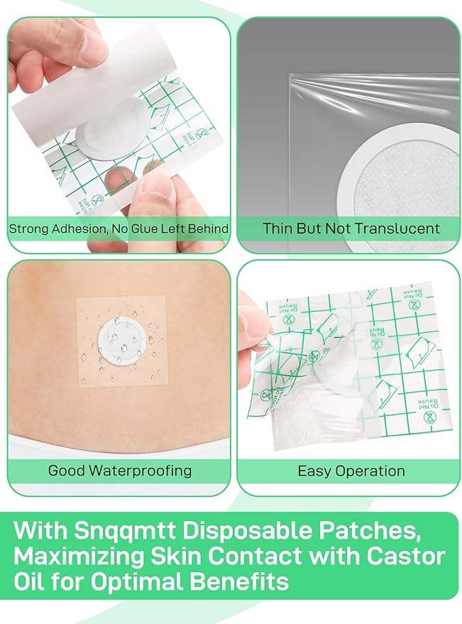 24Pcs Disposable Castor Oil Belly Button Patches PU Film, Self-Adhesive Castor Oil Pack Wraps with Organic Cotton Pad for Belly Button Cover, Water-Resistant, Anti Leakage, 3.1 x 3.1 Inch
