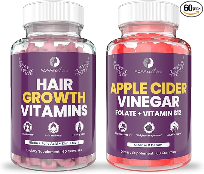 Postpartum Hair Growth Vitamins Plus Apple Cider Vinegar Gummies with Folate and Vitamin B12 - Nourishing Support for New Moms' Weight Management, Healthy Digestion
