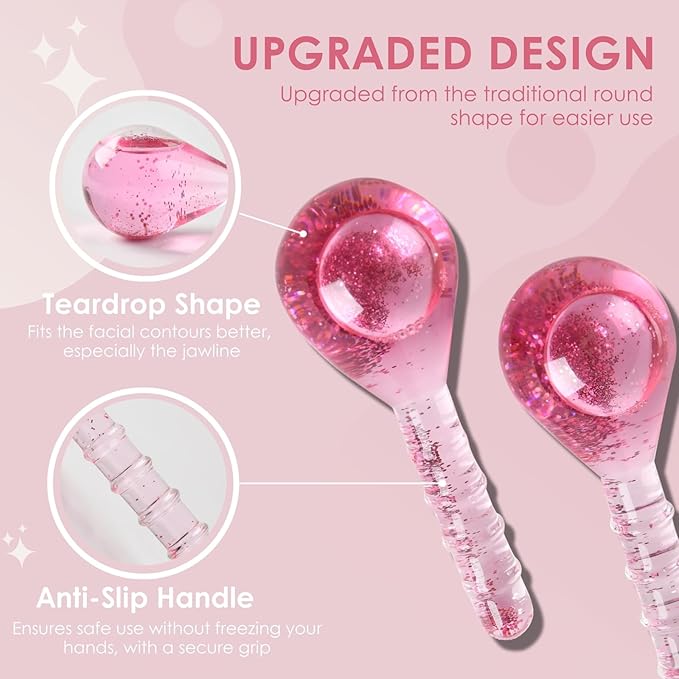 Ice Globes for Face and Eyes, Cooling Facial Facial Roller Balls, Beauty Massage Tools to Reduce Puffiness, Redness, Fine Lines, Cryo Facial Sticks for Home Spa Skincare Routine, Glitter Pink