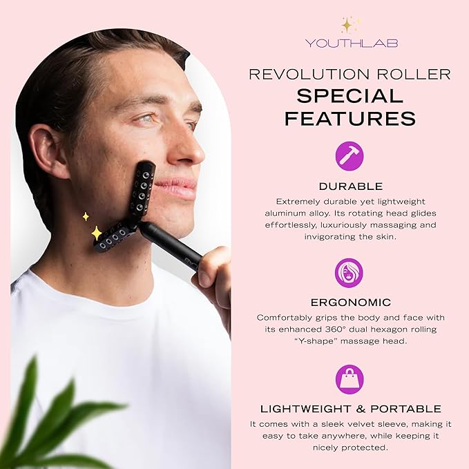 Revolution Roller - Germanium Stone Uplifting Face/Body Beauty Massage Tool/Roller/Wand for Skin Tightening/Firming, De-Puffing, Anti-Aging (Black)