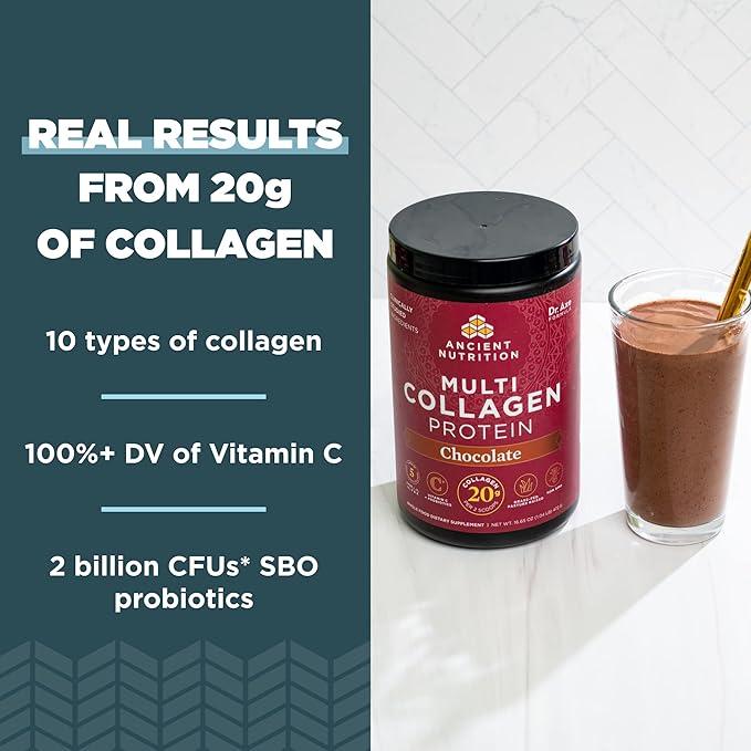 Ancient Nutrition Collagen Peptides Powder, Multi Collagen Protein, Women & Men, Vitamin C, Probiotics, Hydrolyzed Collagen, Supports Skin, Joints, Gut Health, Chocolate, 24 Servings