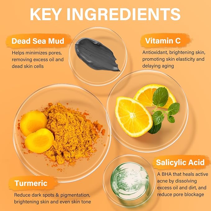 Facial Clay Mask Set - Vitamin C Face Mask with Turmeric, Dead Sea Mud & Salicylic Acid Mask for Pores Cleansing, Blackheads, Dark Spots, Brightening, Face Masks Skincare Gift for Women, 2.82 oz each