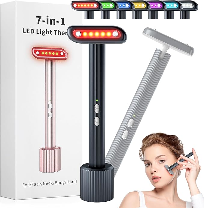 Allnice Light Therapy Wand 7 in 1 Red Light Therapy for Face and Neck, LED Light Therapy Face Skincare Wand with Microcurrent Face Neck Massager