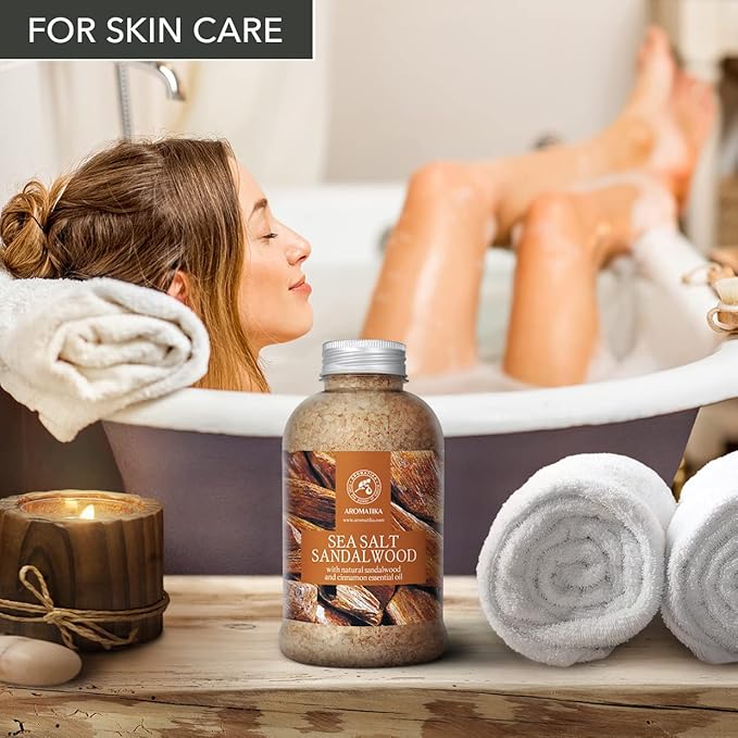 Bath Salts Sandalwood 21.16 Oz - Natural Sandalwood & Cinnamon Essential Oil - Sea Salt - Best for Bath - Good Sleep - Relaxing - Body Care - Beauty