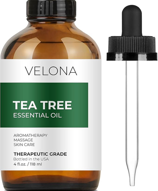 Tea Tree Essential Oil by Velona - 4 Fl Oz | Therapeutic Grade 100% Pure and Natural | for Aromatherapy Diffuser, Massage, Skincare, Haircare, Soapmaking | Undiluted and Multipurpose in Glass Bottle