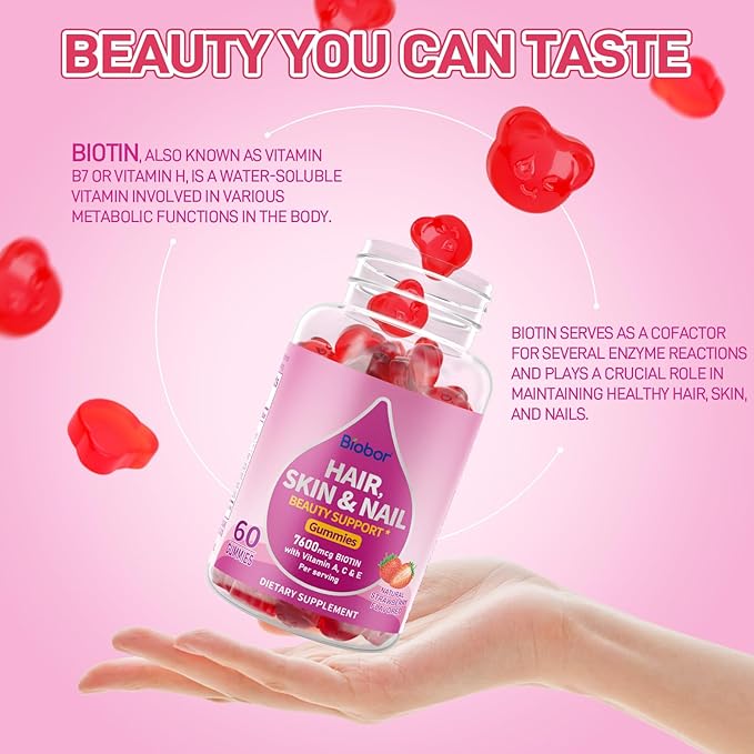 Natural Hair Skin and Nails Vitamins Gummies, 7600mcg Biotin Gummies with Vitamins A C E for Women Men Beauty Support Supplement, GMO Free, Gluten Free (Strawberry Flavor, 60 Count)