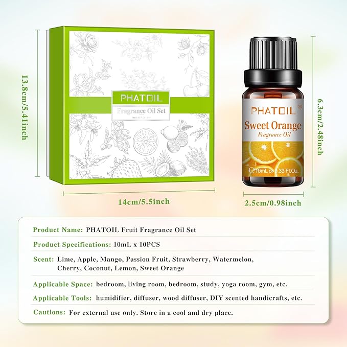 10Pcs Fruity Fragrance Oil Set, Coconut, Cherry, Apple, Strawberry, Mango Candle Scents for Candle Making, Freshie Scents for DIY Soap Making, Diffuser Oil Scents Set