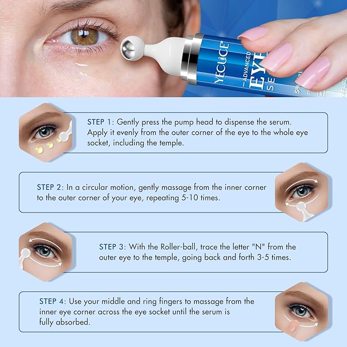 5% Caffeine Peptide Eye Serum, Under Eye Roller Cream for Dark Circles, Puffiness, Bags Under Eyes - 360° Massage Ball Cream for Wrinkles, Fine Lines and Firming (Blue)