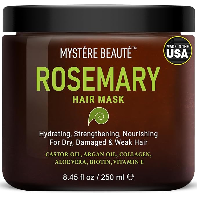 Rosemary Hair Treatment - with Collagen, Biotin, Argan Oil for Dry, Damaged, Curly Hair - Strengthening Deep Conditioner for Split Ends & Growth - 8.45 fl oz