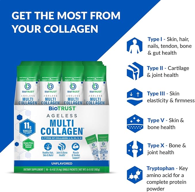 BioTrust Ageless Multi Collagen Peptides Powder – Types I, II, III, V, X – Unflavored Collagen Powder for Women & Men – Hydrolyzed Protein– Grass Fed Beef, Fish, Chicken, Eggshell Membrane(16 packets)