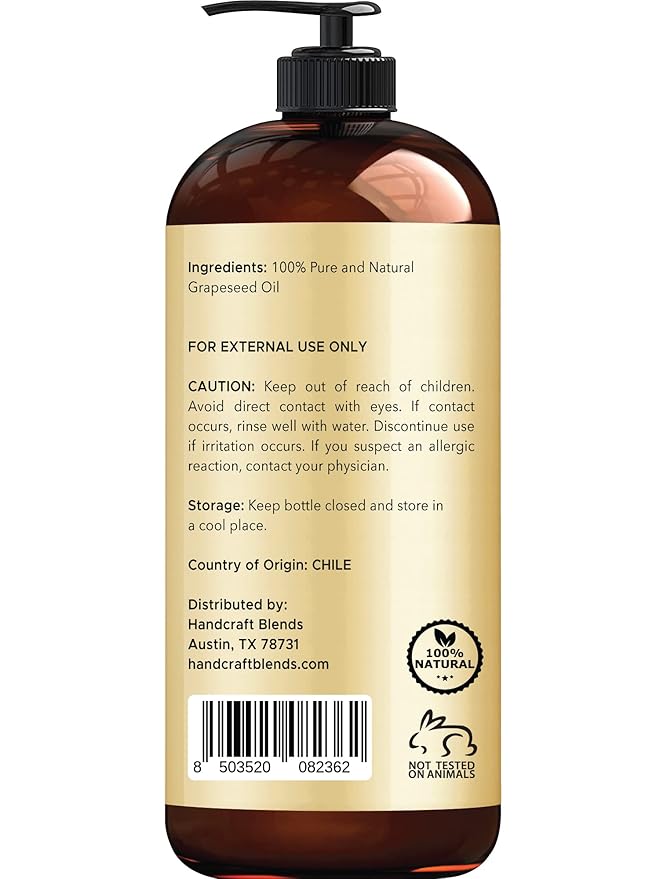 Handcraft Blends Grapeseed Oil - Cold-Pressed 16 Fl Oz - 100% Pure and Natural - Premium Grade Carrier Oil for Skin and Hair - Hair and Body - Massage - Hexane-Free