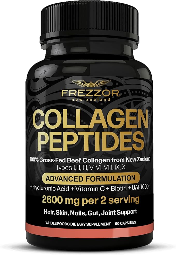 FREZZOR Collagen Peptides with UAF1000+, 100% Grass-Fed New Zealand Cattle Source, Hydrolyzed, Joint, Skin, Hair & Nail Support, Amino Acids, Anti-Aging, 90 Capsules, 1 Bottle