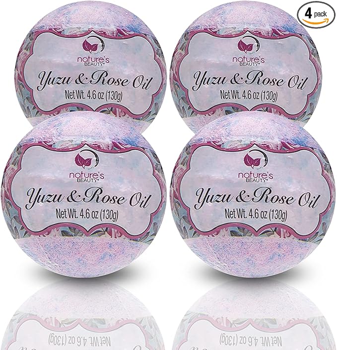 Nature's Beauty Yuzu & Rose Oil Bath Bomb Multi-Pack - Natural Hand Crafted, Non-Staining, Luxury Fizzy Spa Bomb, Nourish Dull + Dry Skin, Made w/Coconut Oil + Witch Hazel, 4.6 oz (4 Pack)