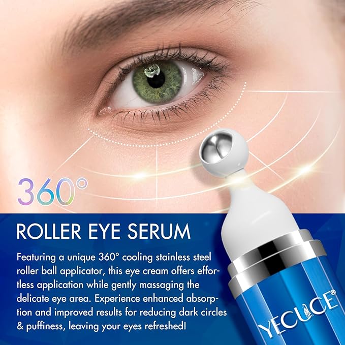 5% Caffeine Peptide Eye Serum, Under Eye Roller Cream for Dark Circles, Puffiness, Bags Under Eyes - 360° Massage Ball Cream for Wrinkles, Fine Lines and Firming (Blue)