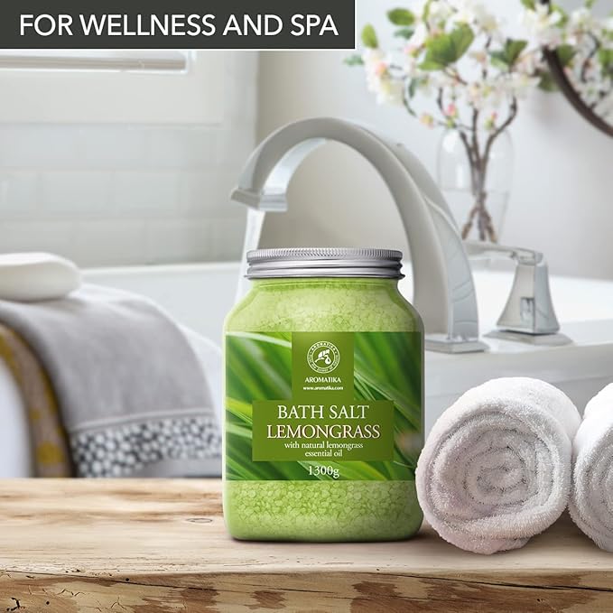 Bath Salts w/Natural Essential Lemongrass Oil 46 Oz (1300g) - Sea Salt Bath for Good Sleep - Bathing - Body Care - Wellness - Beauty - Relaxation - Aromatherapy - Spa - Bath Supplement