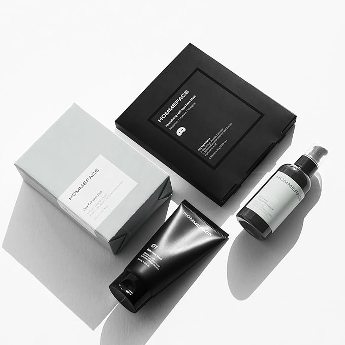 HOMMEFACE Men’s 2-Step Daily Skincare Kit + 5 Facial Sheet Mask Set Bundle
