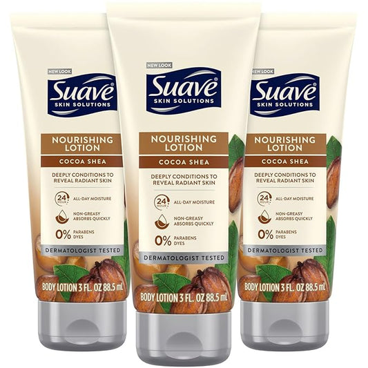 Suave Lotion, Cocoa Butter Shea – Nourishing Hand & Body Lotion, Travel-Size Lotion for Extremely Dry Skin, Moisturizing Cream for Glowing Skin, 24H Moisture, 3 Oz (Pack of 3)