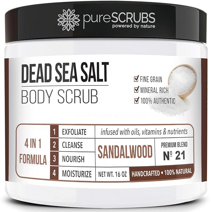 pureSCRUBS Premium Sandalwood Body Scrub Set - Large 16oz Dead Sea Salt Body Scrub With Infused Essential Oils & Nutrients, Includes Wooden Spoon, Loofah & Oatmeal Exfoliating Bar Soap