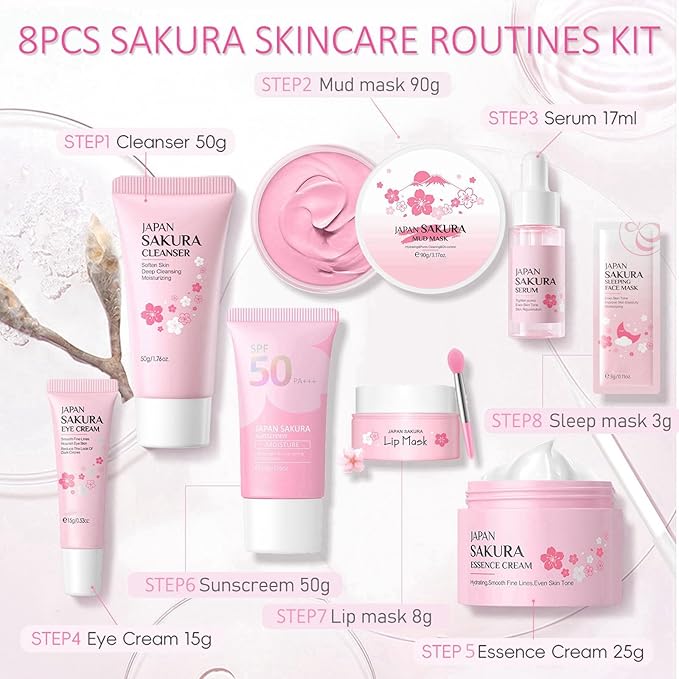 Sakura Skincare Set, Skin Care Set For Teen Girls, Skincare Gift Set Cherry Blossom Beauty Set, Deep Cleaning Skincare Facial Kit, Teen Skin Care Kit Birthday Gift - 8 Pack Travel Skincare
