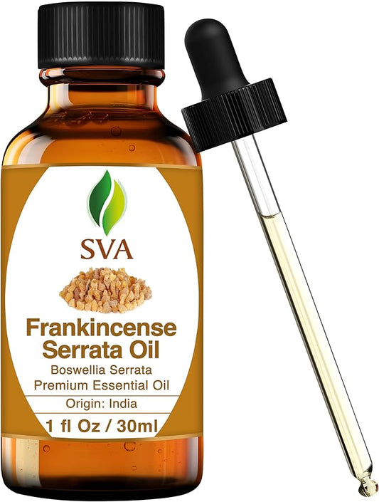 SVA Frankincense Essential Oil – 1 Fl Oz – 100% Natural Boswellia Serrata Oil - for Diffuser, Hair Care, Face, Skin Care, Aromatherapy, Scalp and Body Massage, Soap and Candle Making - with Dropper