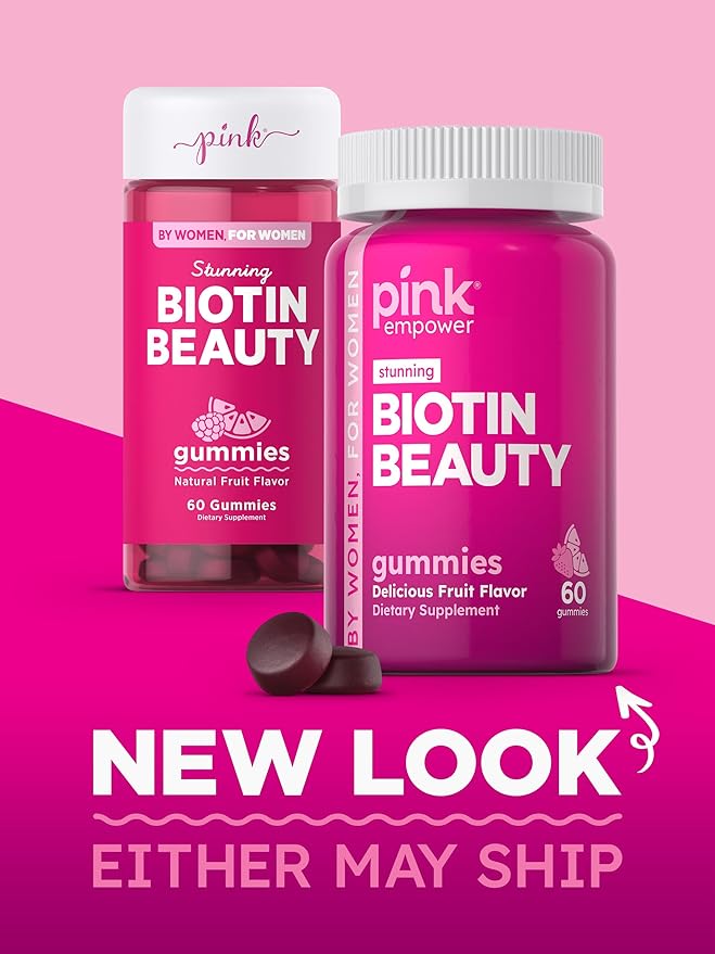 PINK Biotin Gummies | 60 Count | Non-GMO & Gluten Free | Fruit Flavor Vitamin for Hair Skin and Nails