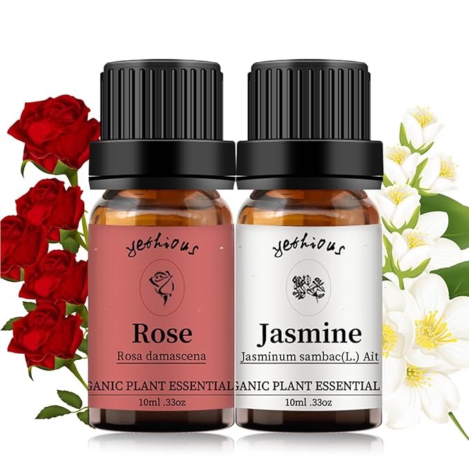 yethious Rose Essential Oil Jasmine Essential Oil for Diffuser, Hair, Skin, Body, Face, Perfume, Soap, Candle Making Rose Fragrance Oil Set Jasmine Oil Organic 2 X 10ML