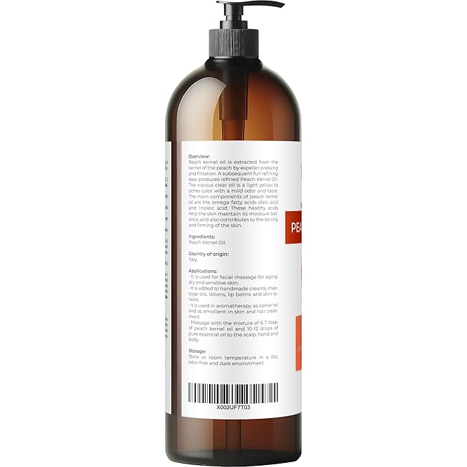 velona Peach Kernel Oil 32 Fl Oz | 100% Pure and Natural Carrier Oil | Refined, Cold pressed | Cooking, Skin, Hair, Body & Face Moisturizing | Use Today - Enjoy Results