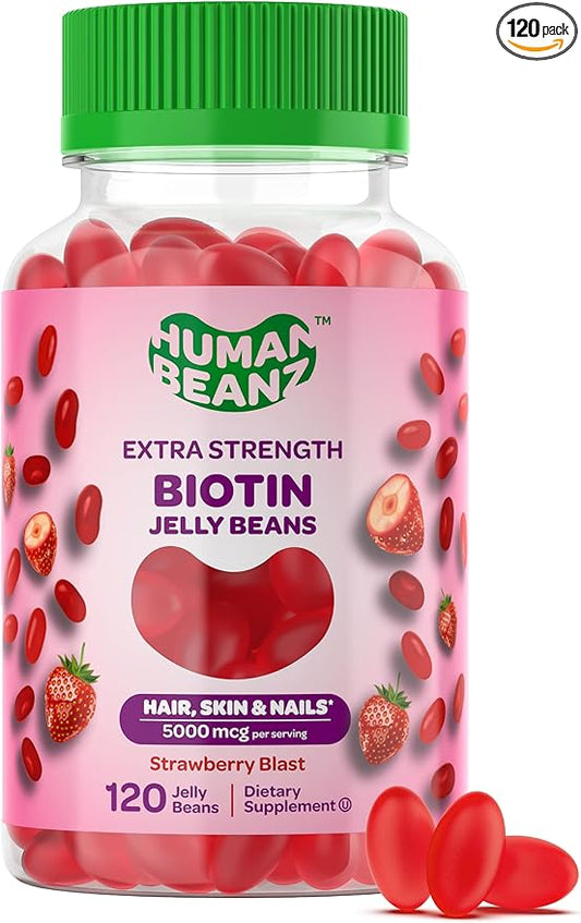 Biotin Jelly Bean Gummy Vitamins, Extra Strength Biotin for Hair, Skin and Nails, 5000mcg per Serving, Hair Growth Vitamins for Men and Women, 120 Strawberry Blast Jelly Beans, Kosher