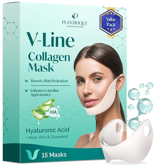 PLANTIFIQUE V-Line Collagen Mask for face 15 PCS | Chin Strap for Women & Men | V Line Lifting Mask with Collagen and Hyaluronic Acid V Shape Face Tape Chin | Skin Firming