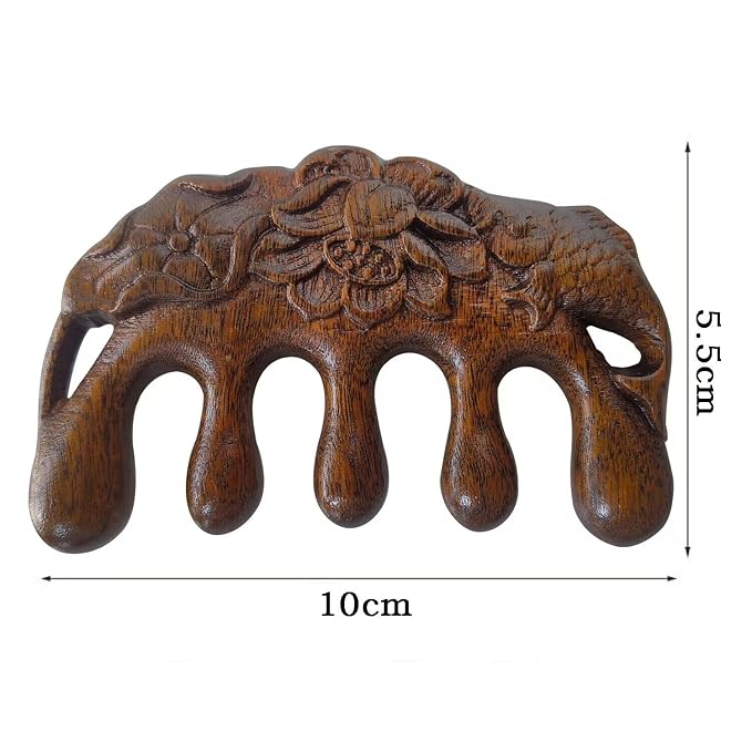 Wooden Massage Comb - 100% Natural Handmade Pure Wood Five-tooth Meridians Scalp Massager - No Static Wide Tooth Comb for Head - Scraping Massage Tool (Carving Style)
