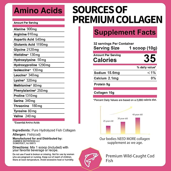 Zammex Marine Collagen Peptides, Non-GMO Wild Caught Fish Collagen Peptide,Unflavored Hydrolyzed Peptides (Type 1 & 3) for Skin, Hair, Joints & Bones,Easy to Mix, 32 Servings