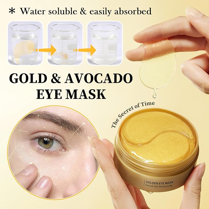 Avocado Golden Under Eye Mask Skincare 60 Pairs Set, Moisturizing Non-greasy Under Eye Patches for Women and Men, Travel Size Long Lasting Refreshing Eye Skin Care Gels Pads Gifts Set