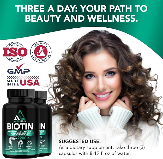 Biotin and Collagen Supplements with Keratin - Biotin 5000mcg Capsules for Hair Growth, Healthy Skin & Nails - Optimized Blend of Hyaluronic Acid & Vitamin-B Complex for Women & Men, 90 Capsules