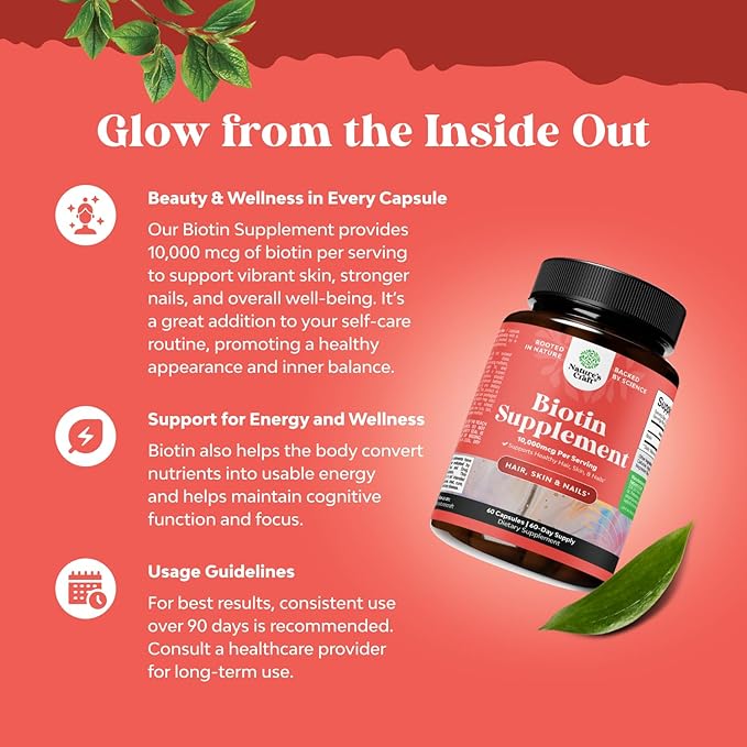 Natures Craft 10000 mcg Pure Biotin Pills for Women Men - Promotes Thicker and Fuller Hair. Natural Supplement for Shiny Thick Hair Growth - Vegetarian Vitamin Capsules - Get Clear Skin Strong Nails