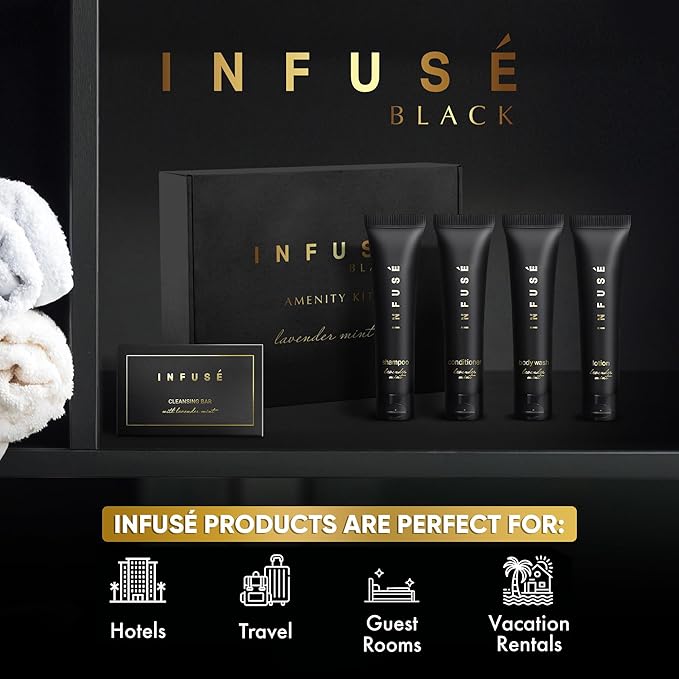 Infuse Black Amenity Kit | Boxed Hotel Toiletries | Bulk Set 1 oz Travel Size Shampoo, Conditioner, Lotion, Body Wash & Cleansing Bar for Guest Hospitality AirBnB/Vacation Rentals | 75 Pieces