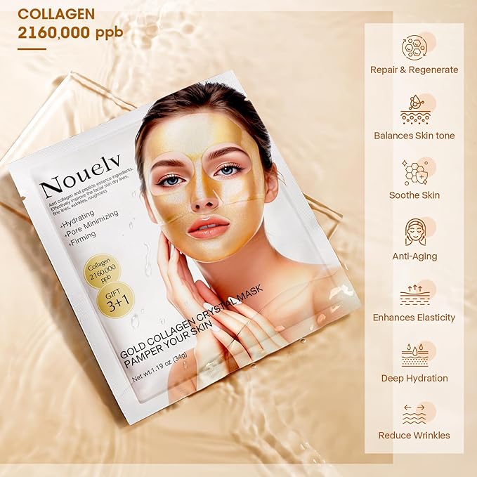 24K Gold Collagen Infusion Face Mask, Layered Patch Mask, Deep Hydrating Moisturizing Collagen Facial Mask, Women's Skin Care, No-Cleaning Sleeping Face Mask (Package of 4)