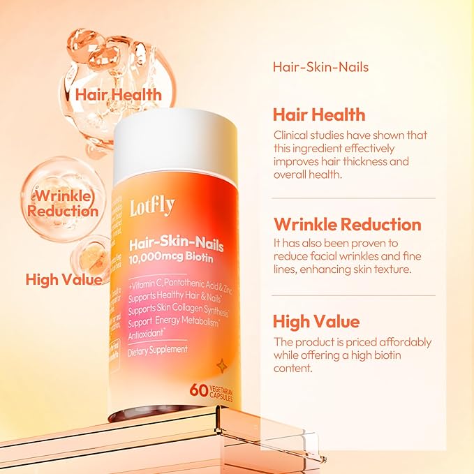 Biotin 10000 mcg with Zinc Vitamin C & Calcium Pantothenate – Supports Healthy Hair Growth, Strong Nails & Glowing Skin for Women & Men | Made in The USA | 60 Vegan Capsules (2 Months Supply)