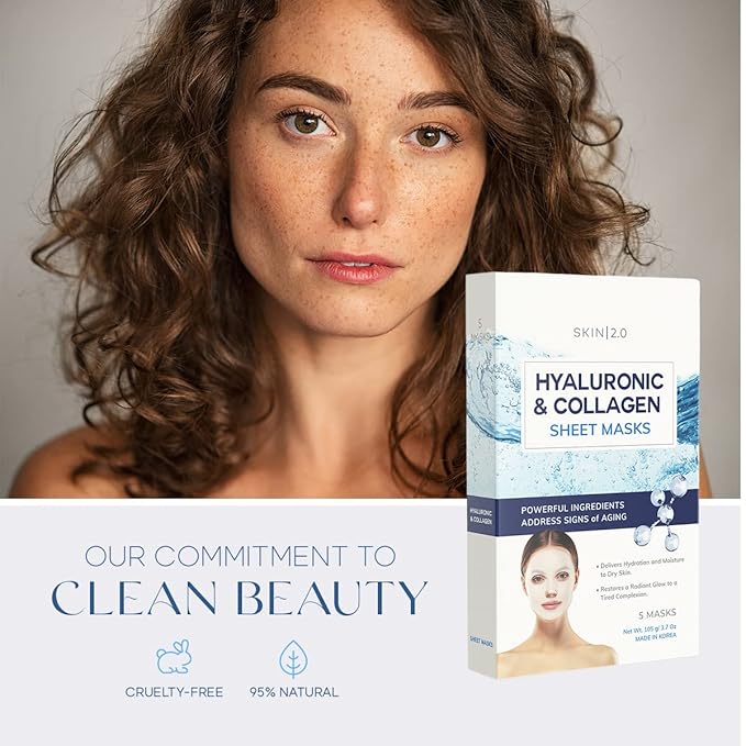 Hyaluronic Acid & Collagen Sheet Mask - Hydrating, Anti-Aging, Skin Firming - Dermatologist Tested Korean Skincare - Clean Beauty, Natural Ingredients, Cruelty-Free, All Skin Types - 5 Masks