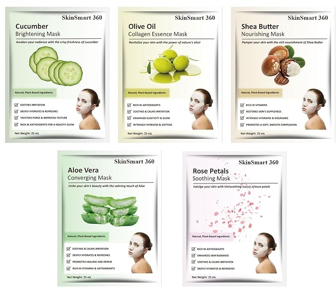SkinSmart 360™ Moisturizing Facial Mask Sheets for Men & Women, Hydrate Dry Skin On-the-Go, Natural, Plant-Based Ingredients, Suitable for All Skin Types, Travel-Friendly (Variety Pack of 10 Sheets)