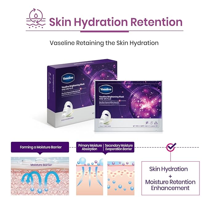 Vaseline Face Facial Mask Sheet Skin Care Essence, HYDRATION RETENTION, SKIN BARRIER REINFORCEMENT [Made in Korea] 10 Count (10 Count, Brightening)