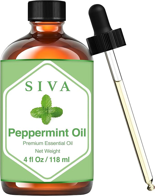 SIVA Peppermint Essential Oil - 4 Fl Oz – Natural Peppermint Oil - for Diffuser, Face, Skin Care, Aromatherapy, Hair Care, Scalp and Body Massage - with Dropper