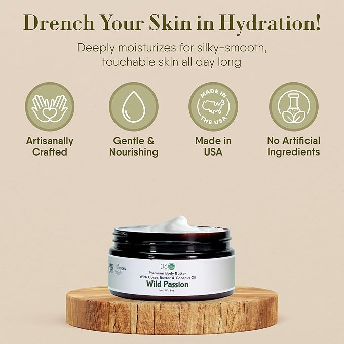 360Feel Wild Passion Body Butter - Nourishing and Hydrating Shea Body Butter with a Gentle Formula - Handmade with Essential Oils - Creamy Formula for Daily Use - Zero Harsh Additives - 8 Ounce