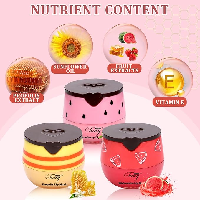 3 Pcs Honey Lip Balm, Bee Lip Balm Honey Pot,Moisturizing Lip Mask Overnight,Hydrate Repair Prevent Dry Cracked Lip Care (Honey+Strawberry+Watermelon)