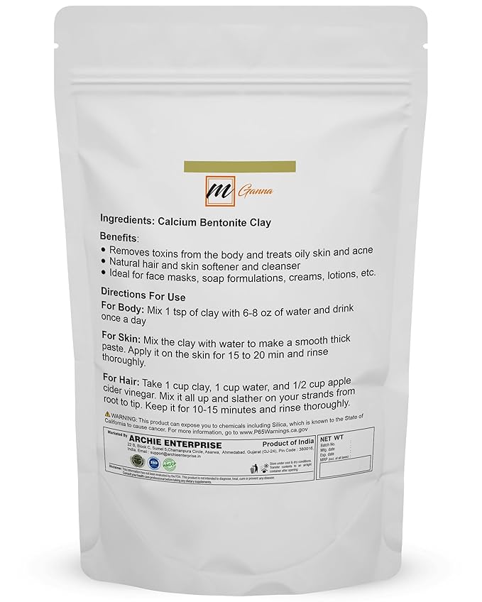 100% Natural Calcium Bentonite Clay for Facial Masks, Creams, Body Wraps and Soap Making 2 LBS / 908 GMS